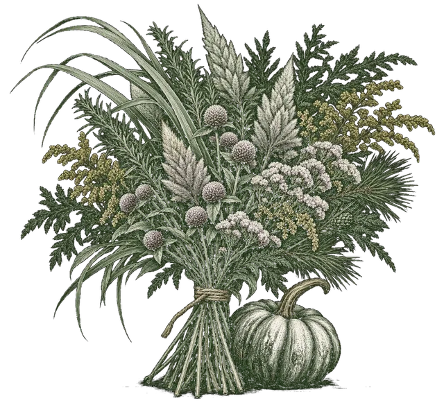 A tied bouquet of late-season greens and seed heads beside a small white pumpkin.
